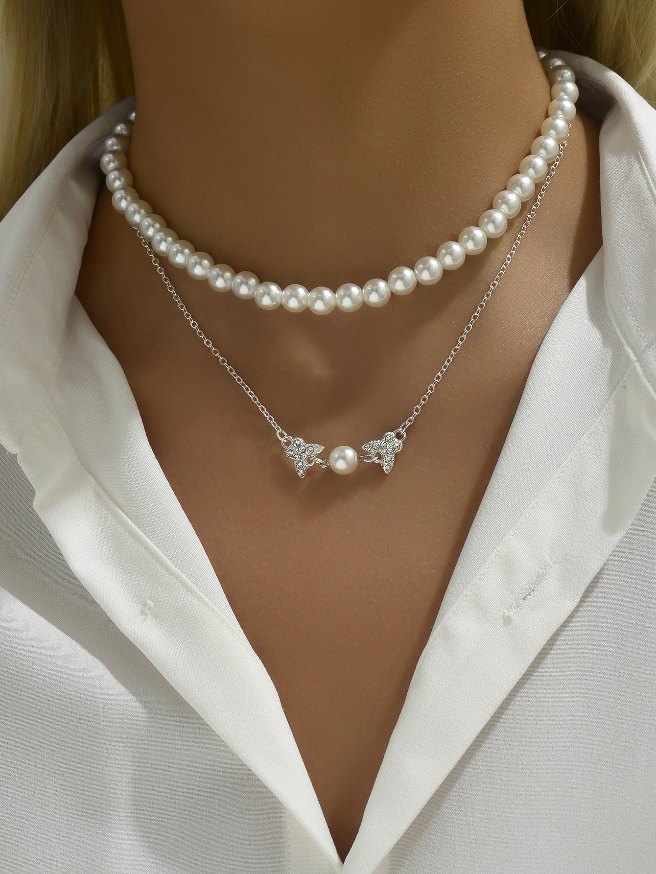 🦋 Necklace + Double-Layer Pearl Necklace With Rhinestone Butterfly Pendant