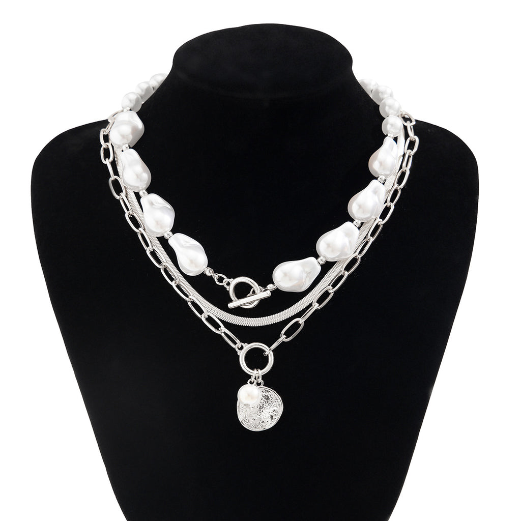 🧿 Necklace + Baroque Pearl With Round Metal Disc Pendant