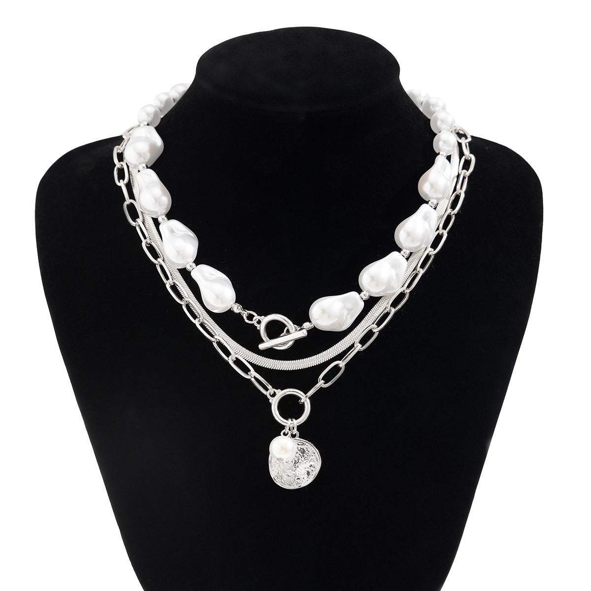 🧿 Necklace + Baroque Pearl With Round Metal Disc Pendant