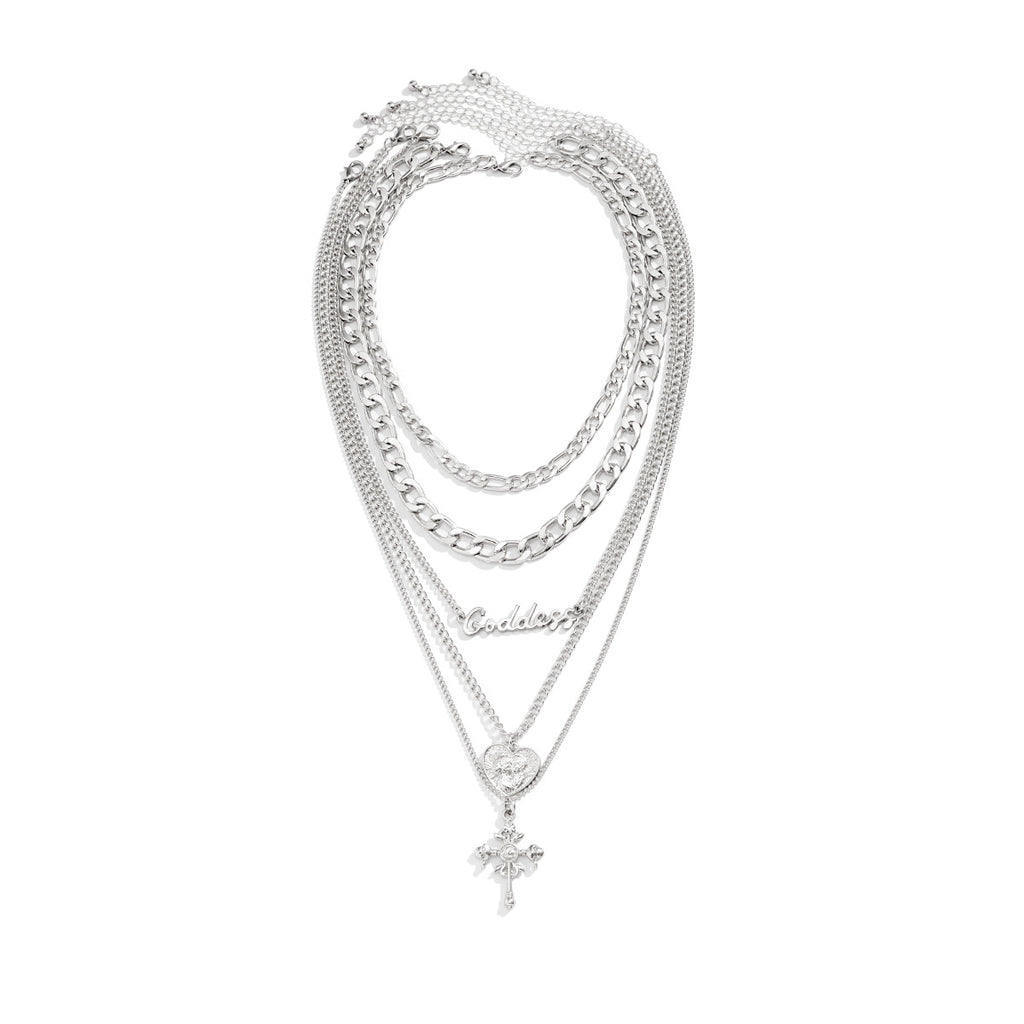 🧍 Necklace + Layered Cameo Cross Pendant – Gothic Letter Chain