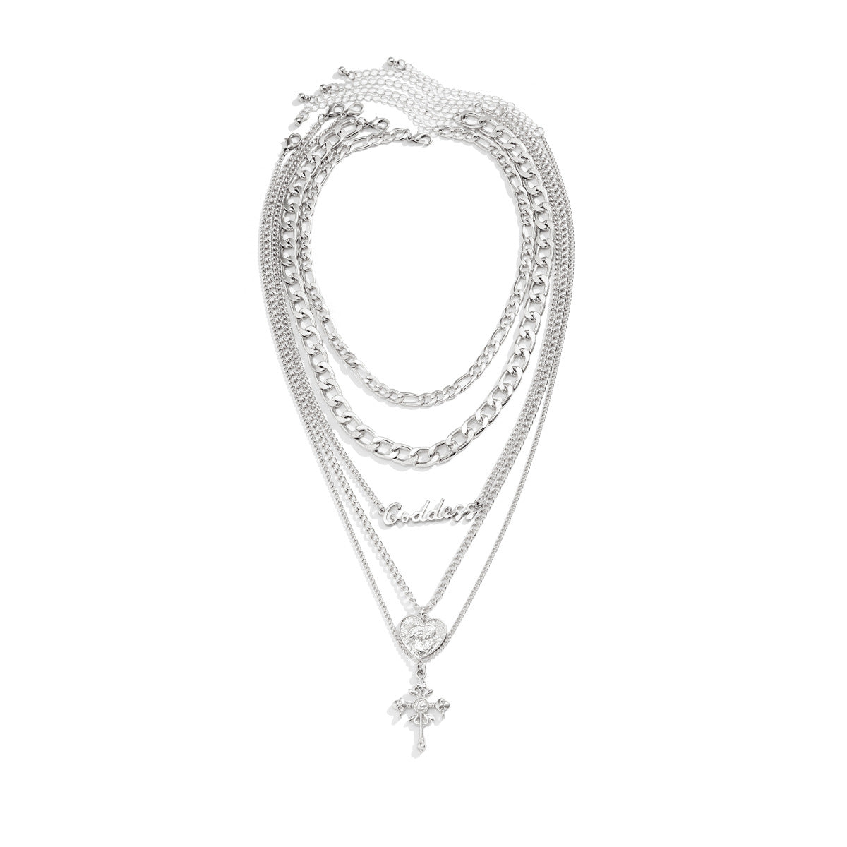 🧍 Necklace + Layered Cameo Cross Pendant – Gothic Letter Chain