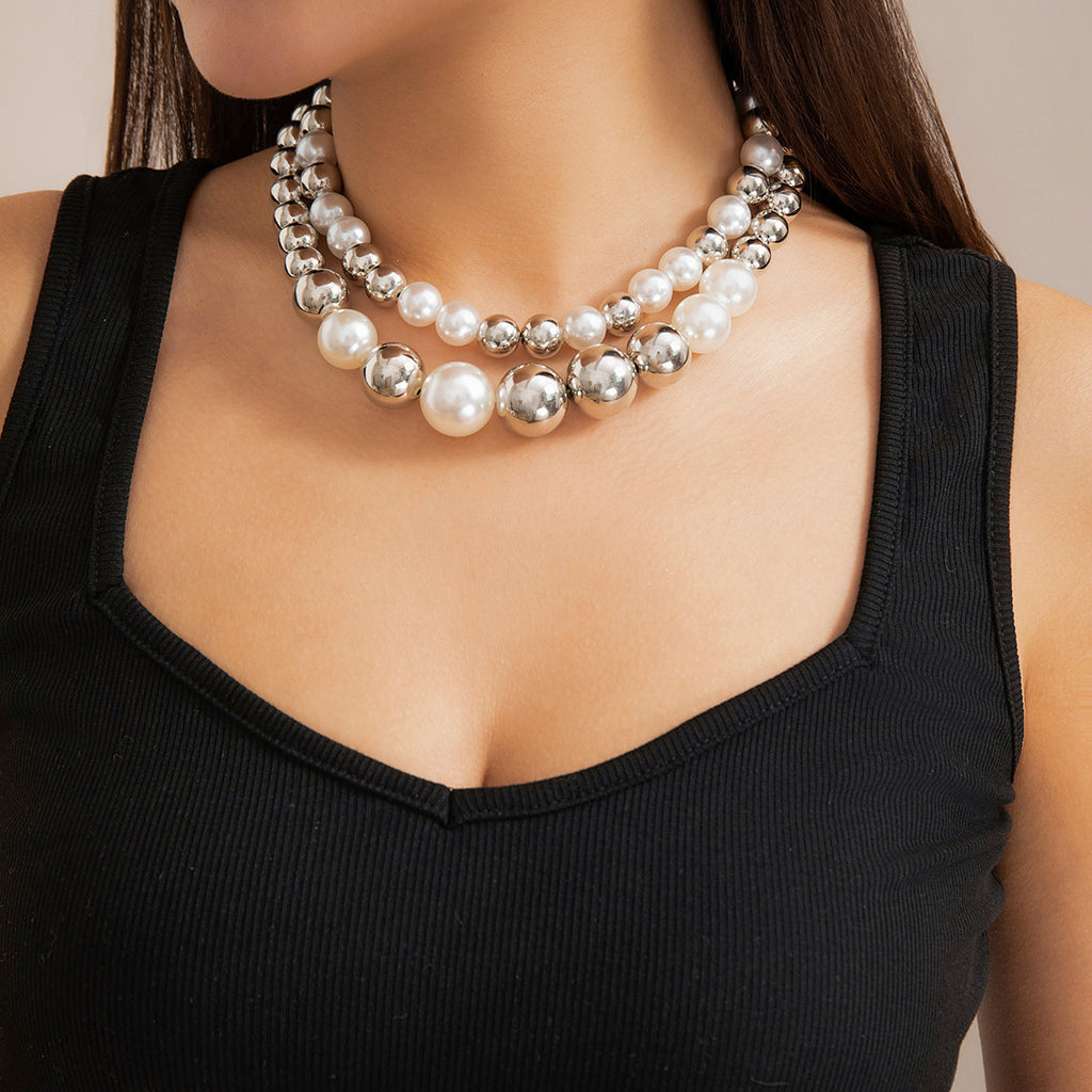 ⚪ Choker + Statement Giant Bead Short Necklace – Faux Pearl Punk Vibe