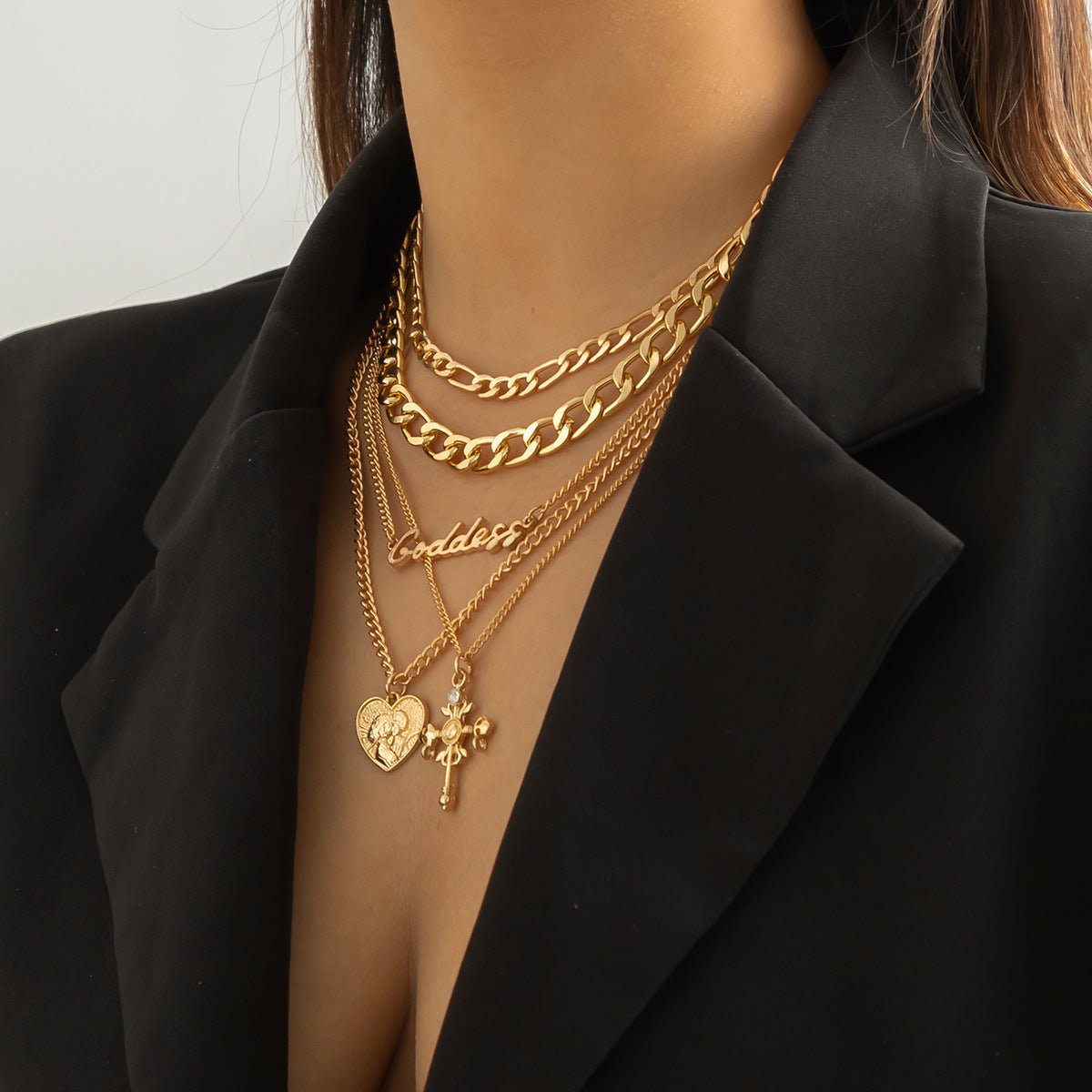 🧍 Necklace + Layered Cameo Cross Pendant – Gothic Letter Chain