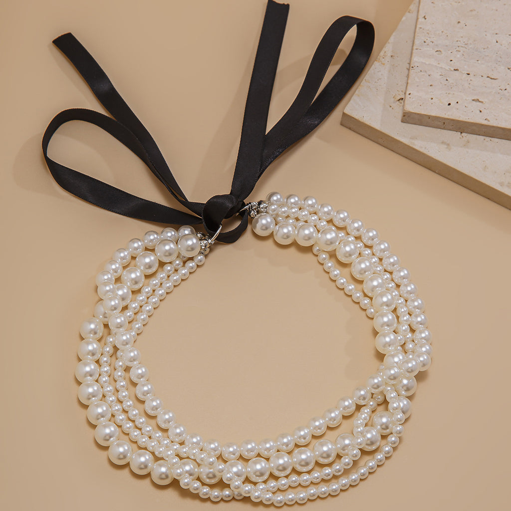 🎀 Necklace + Beaded Ribbon Bow Pearl Necklace – DIY Velvet Style