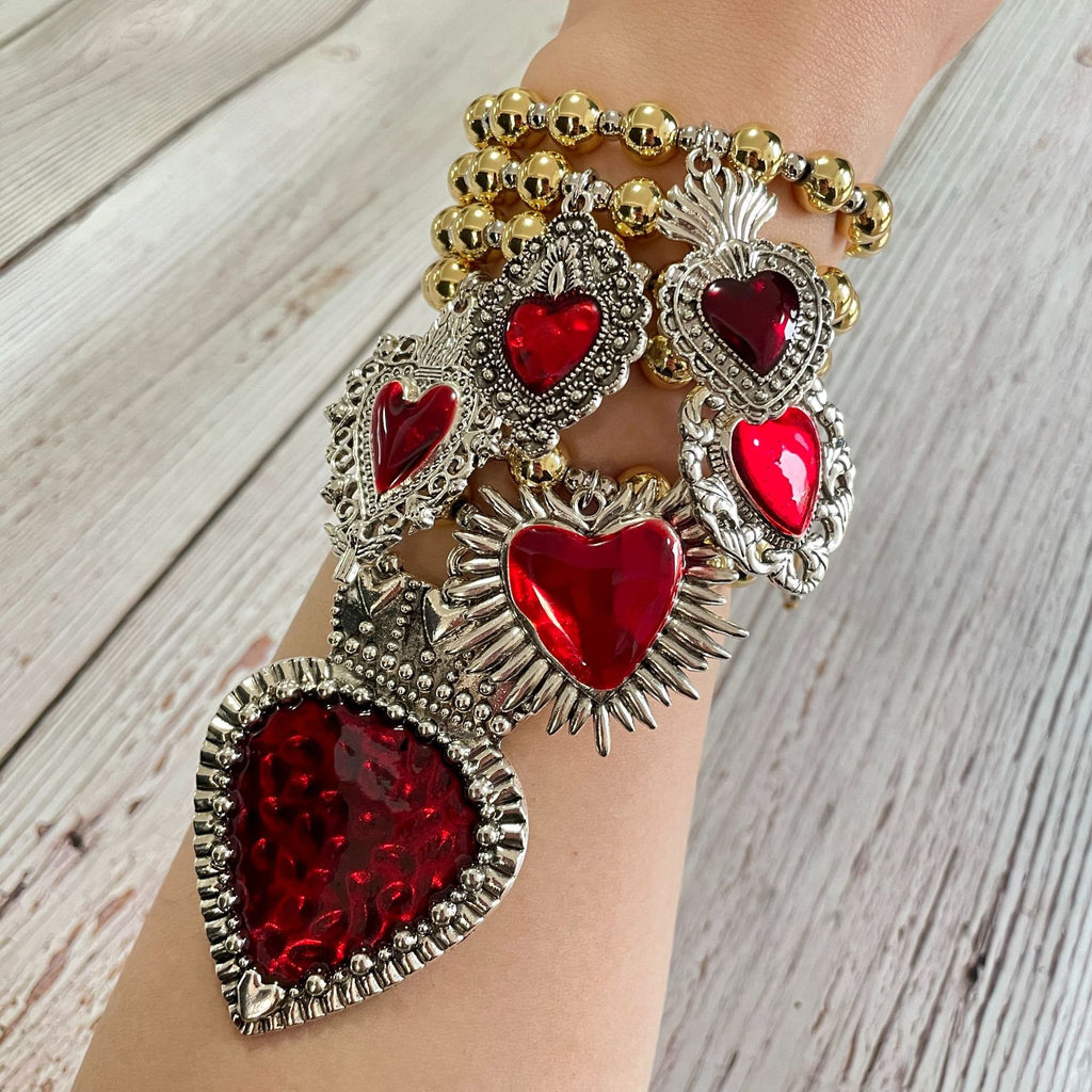 ❤️ Bracelet + Red Beaded Silver Enamel Heart Charm