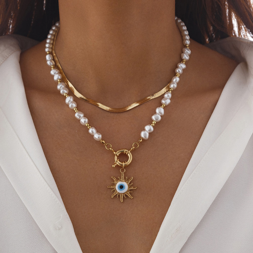 🐚 Necklace + Tribal Pearl Necklace With Sun Eye Pendant – Ethnic Style