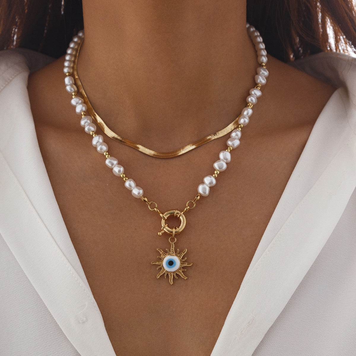 🐚 Necklace + Tribal Pearl Necklace With Sun Eye Pendant – Ethnic Style