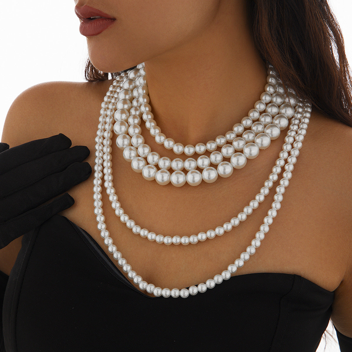 ⚪ Choker + Multi-Layer Baroque Pearl Necklace – Long Statement Piece
