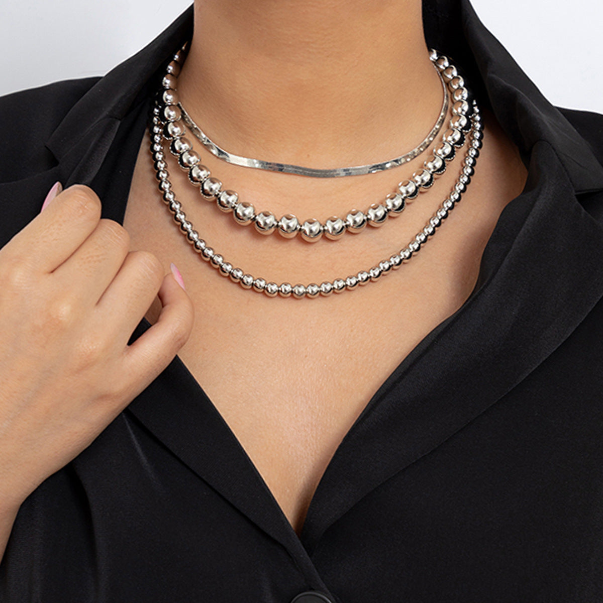 ⚙️ Necklace + Flat Snake Chain Punk Collar – Beaded Layered Style