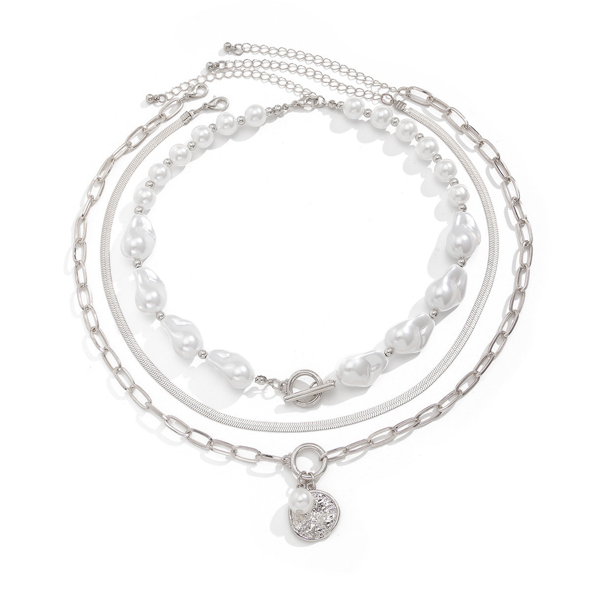 🧿 Necklace + Baroque Pearl With Round Metal Disc Pendant