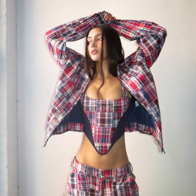 🎲 Spicy | Plaid Stitch Boned Top — Streetcore Statement with Tie-Up Back