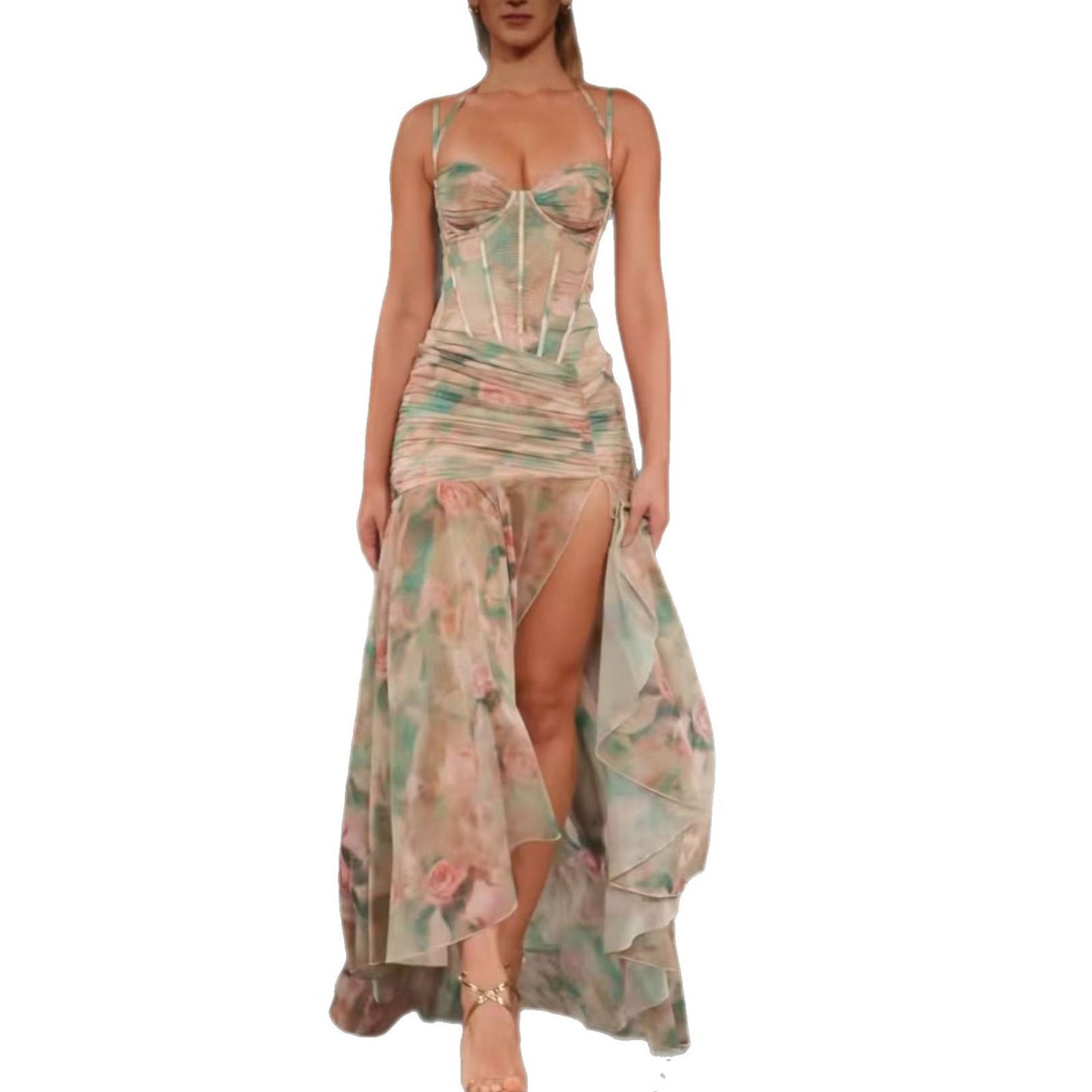 🌺 Spicy｜Slit Floral Fishbone Lingerie Dress with Print Detail