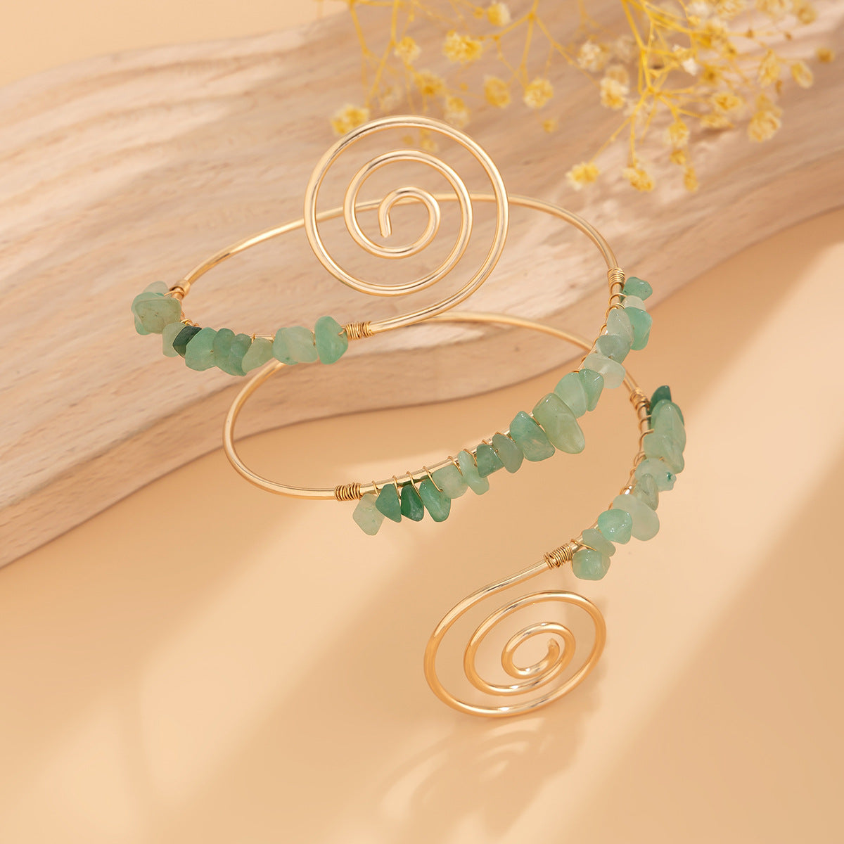 🌀 Arm Chain + Tribal Spiral Stone Beaded Arm Cuff – Retro Boho Design