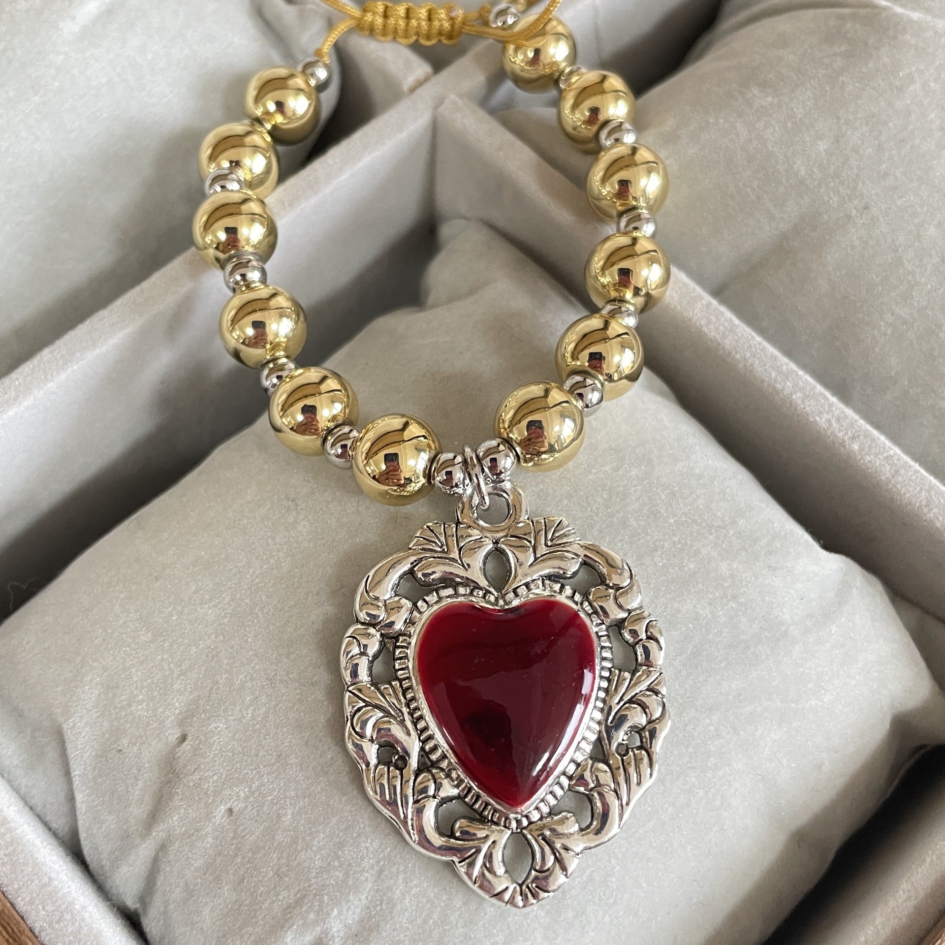 ❤️ Bracelet + Red Beaded Silver Enamel Heart Charm