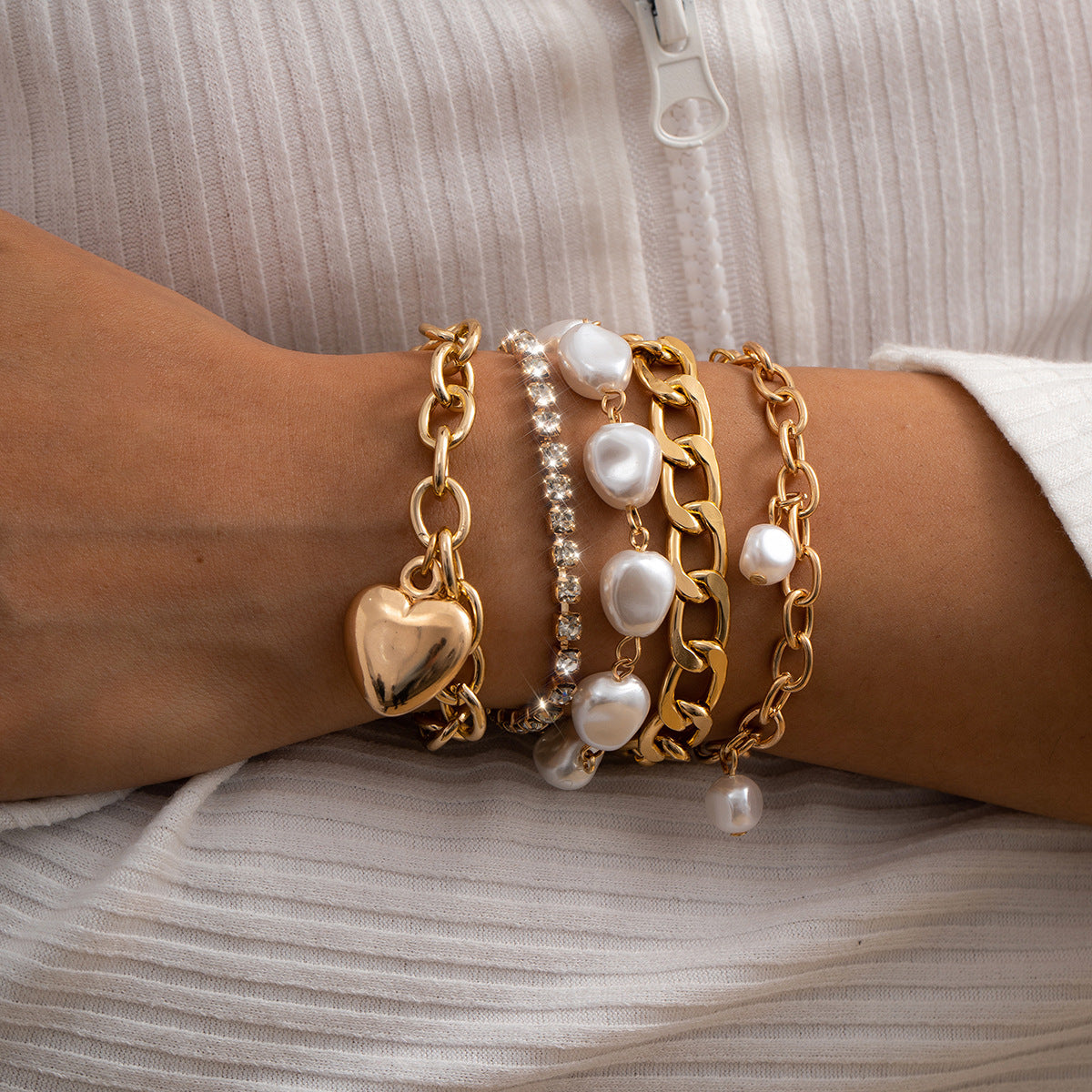💫 Bracelet Set + Irregular Baroque Pearl Heart Bangle Duo