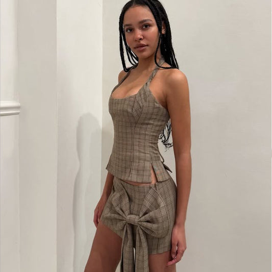 🌀 Spicy | Halterneck Plaid Mini Top — Backless with Side Slit