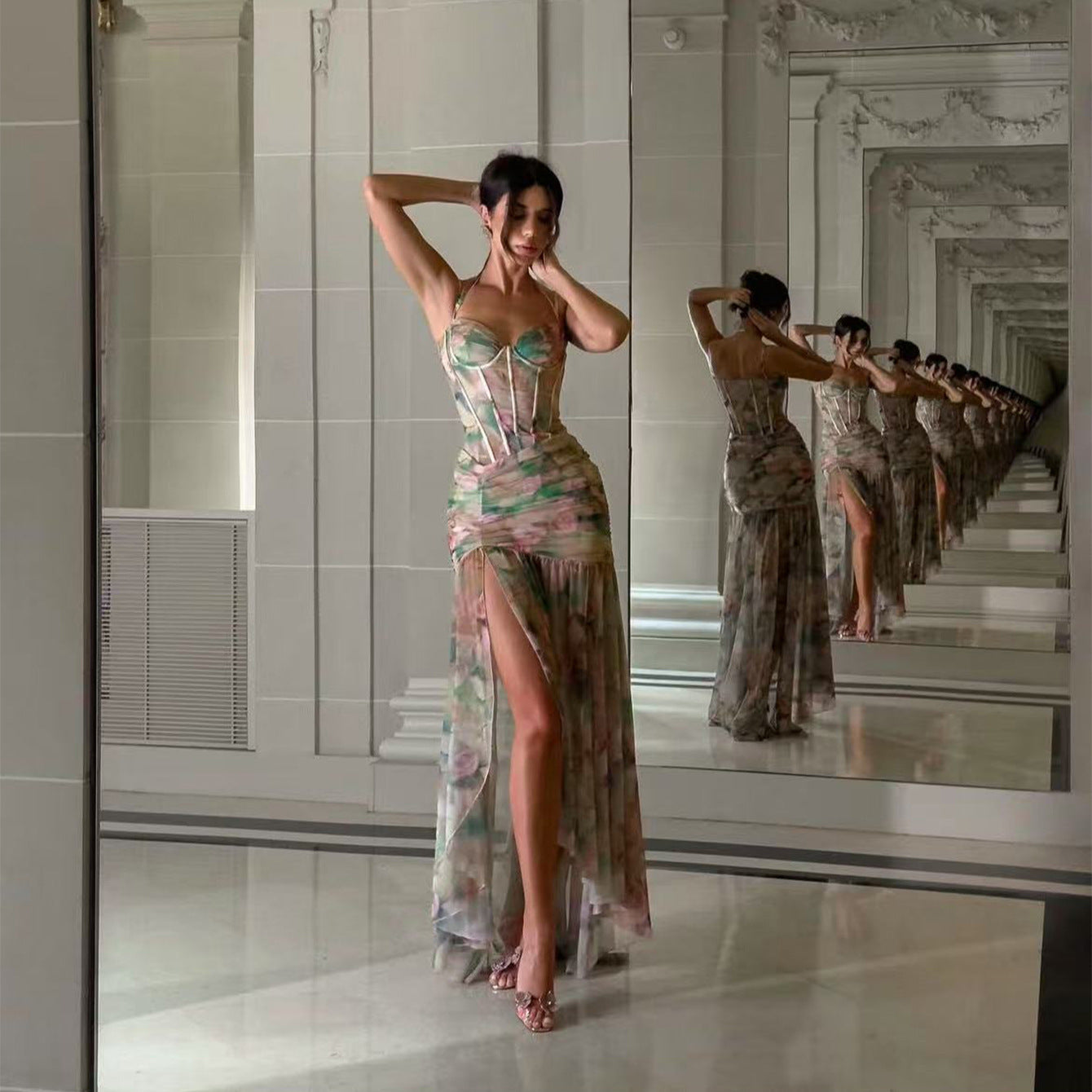 🌺 Spicy｜Slit Floral Fishbone Lingerie Dress with Print Detail