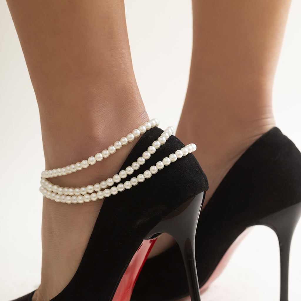 🧵 Anklet + Multi-Layer Beaded Pearl Anklet With Geometric Fringe