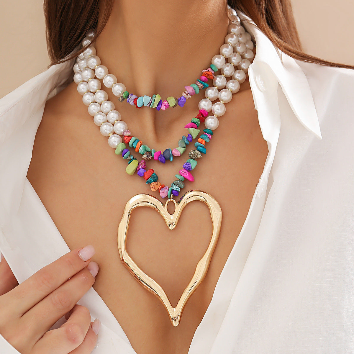 💖 Necklace + Pearl Bead Statement Necklace With Turquoise Heart