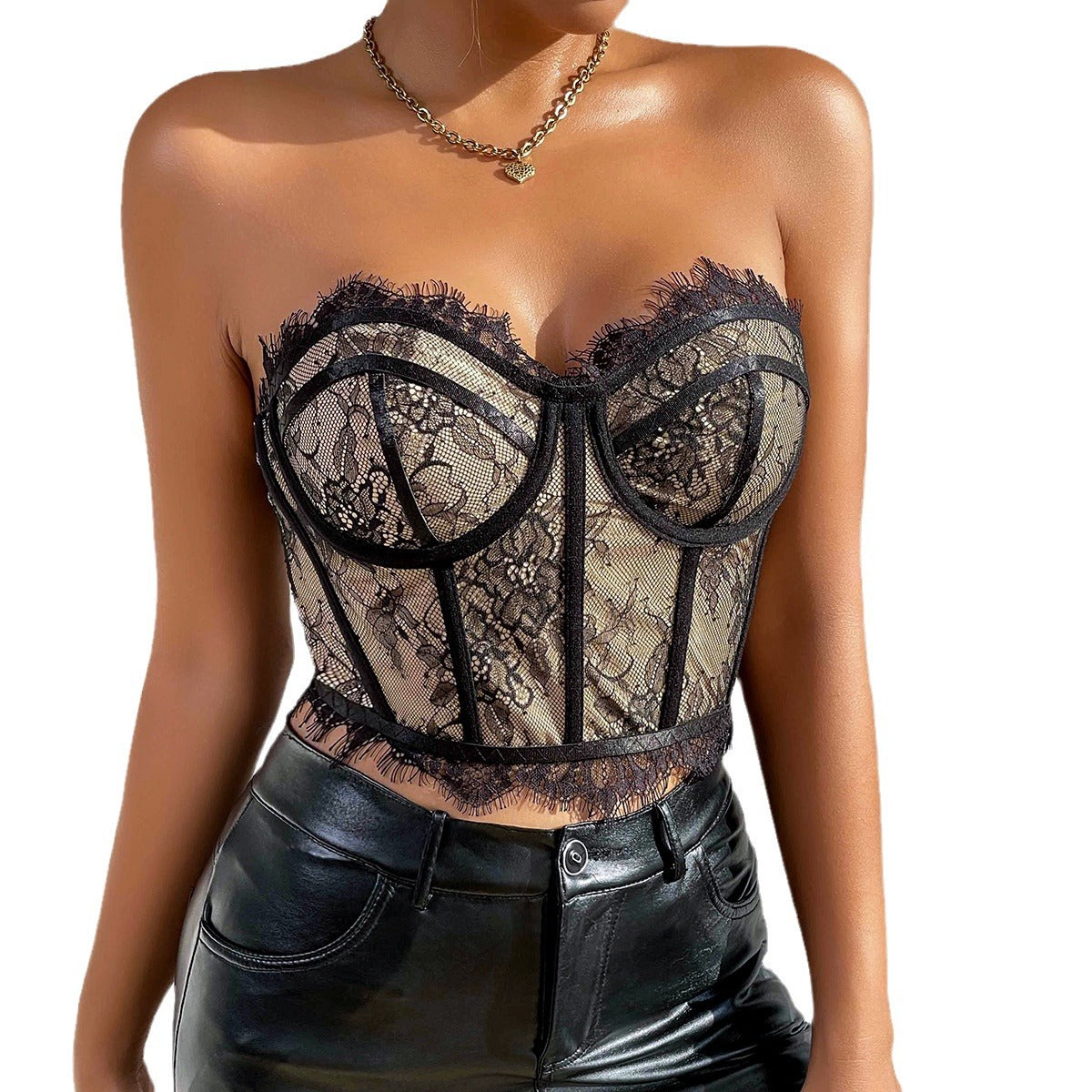 🧵 Spicy｜Lace Boned Bustier Slim Fit Strapless Crop Top