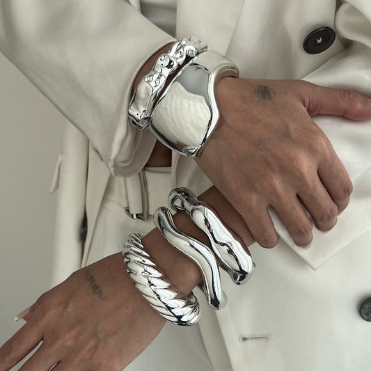✨ Bracelet Set + Irregular Glossy Metal CCB Bangles – Light Luxury Texture