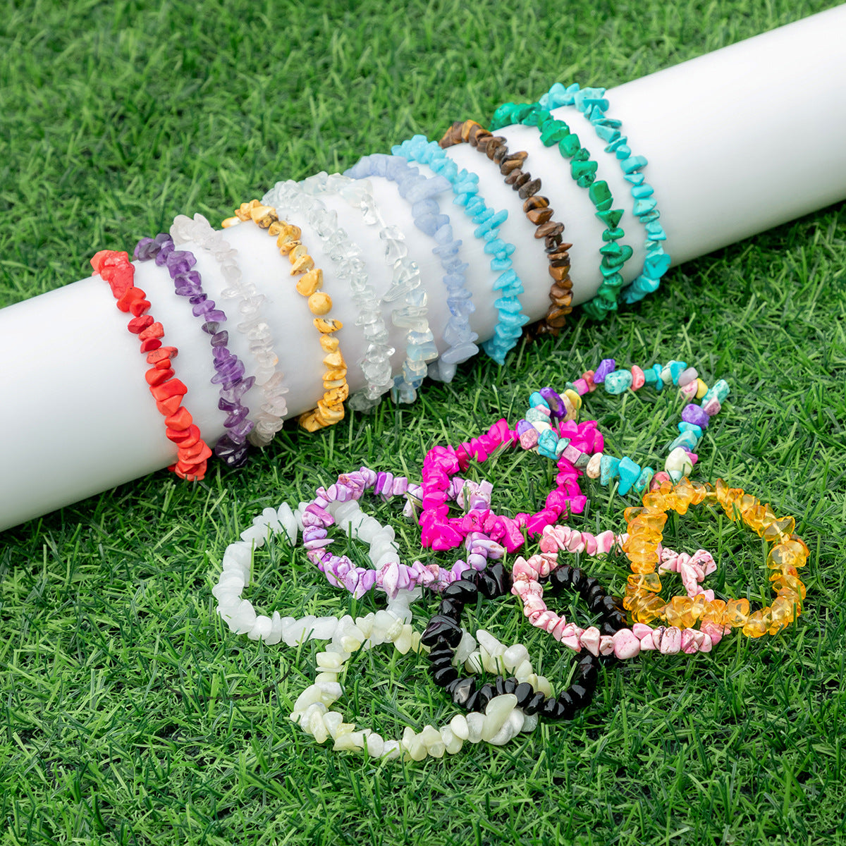 🍀 Bracelet + Cottagecore Beaded Bracelet – Stone & Pearl Elastic Style