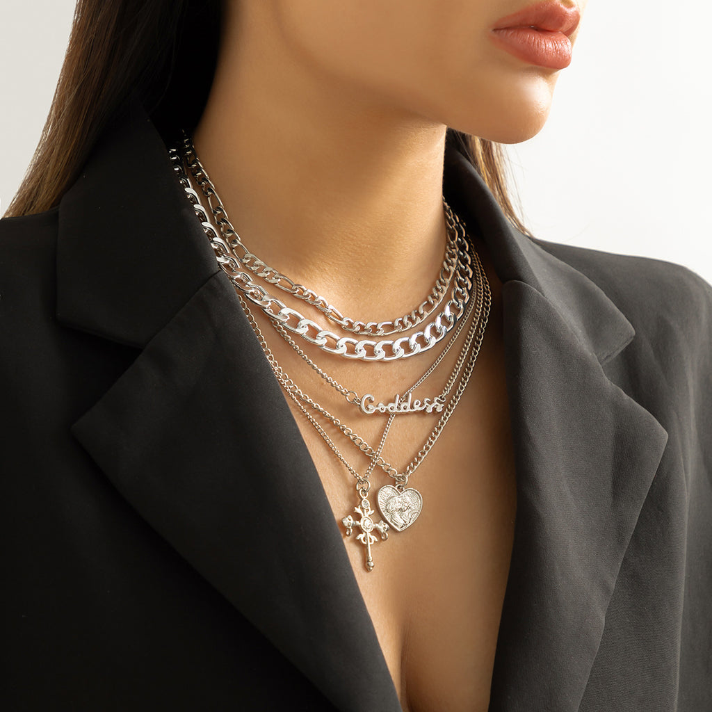 🧍 Necklace + Layered Cameo Cross Pendant – Gothic Letter Chain