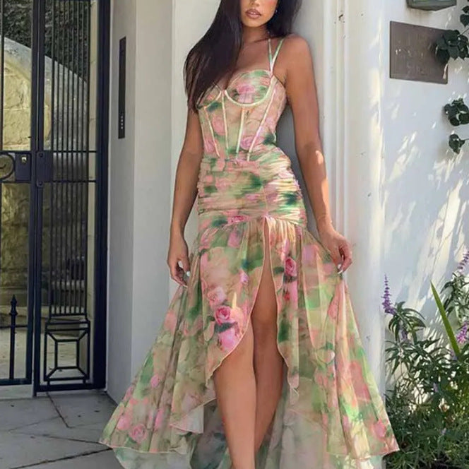 🌺 Spicy｜Slit Floral Fishbone Lingerie Dress with Print Detail