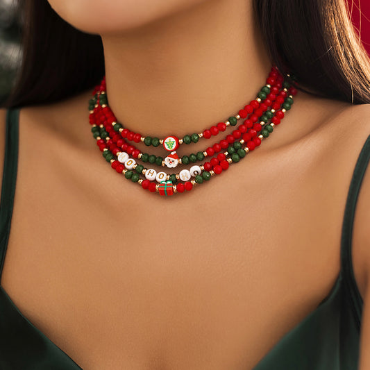 ☃️ Choker Set + Beaded Christmas Necklace With Santa Pendant (3pcs)