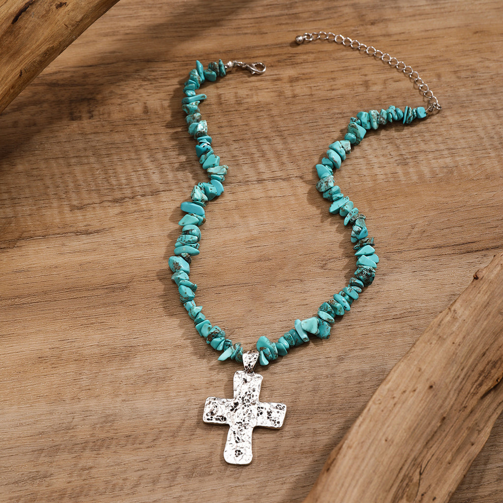 🌿 Necklace + Beaded Turquoise & Stone Cross Pendant Necklace