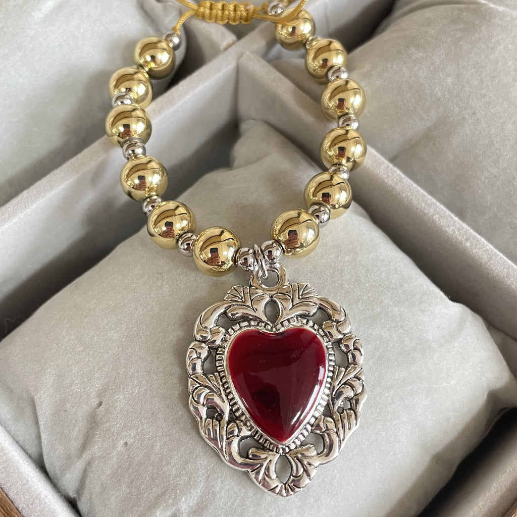 ❤️ Bracelet + Red Beaded Silver Enamel Heart Charm