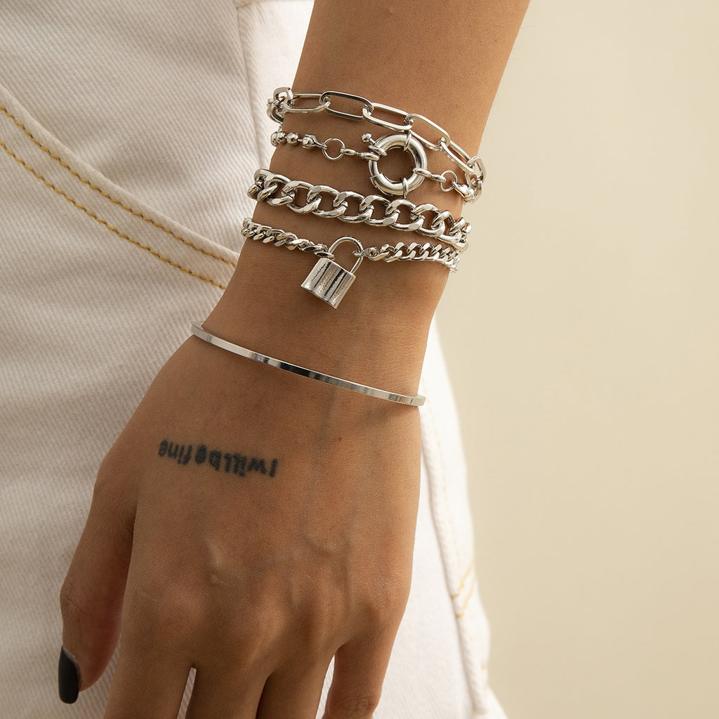 💫 Bracelet Set + Geometric OT Buckle Layered Chain Bracelet – Hip-Hop Fusion