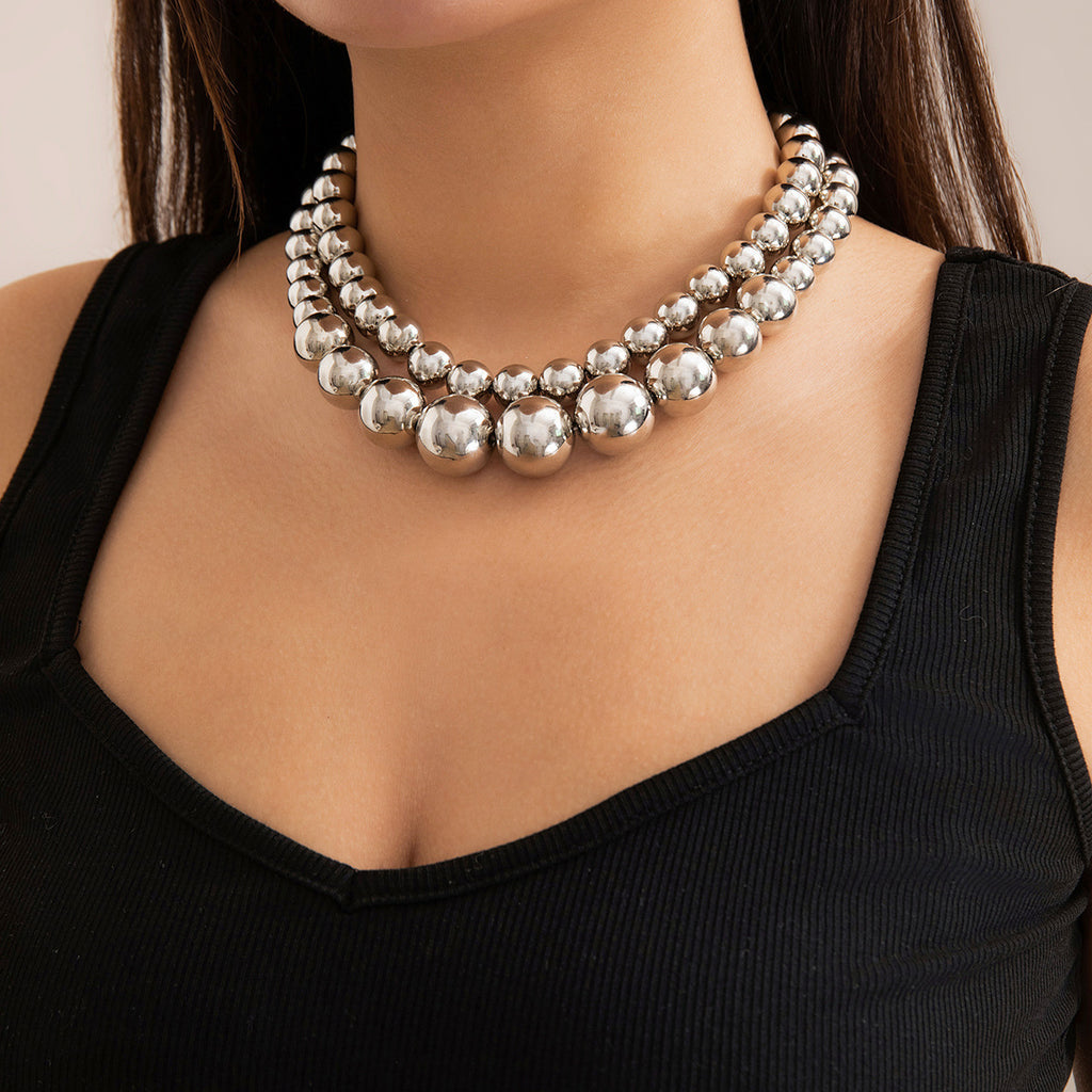 ⚪ Choker + Statement Giant Bead Short Necklace – Faux Pearl Punk Vibe