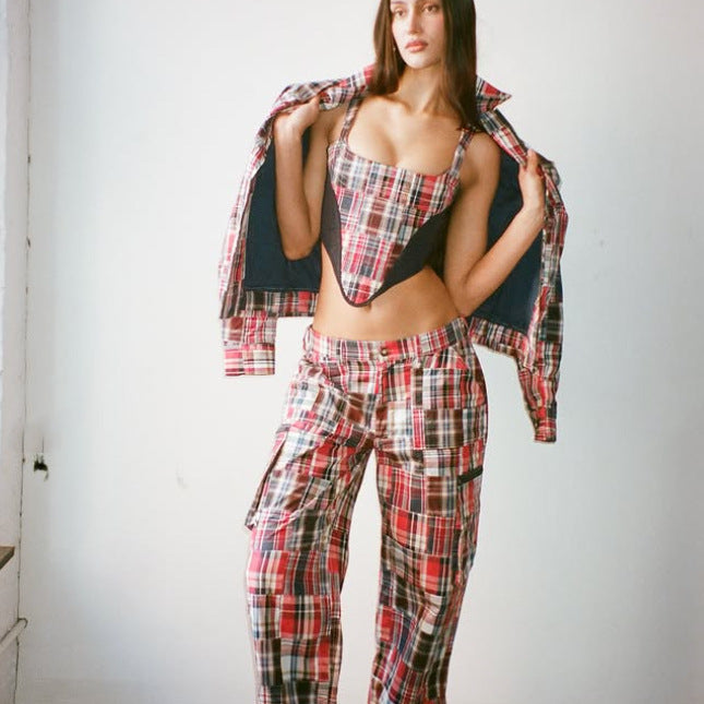 🎲 Spicy | Plaid Stitch Boned Top — Streetcore Statement with Tie-Up Back