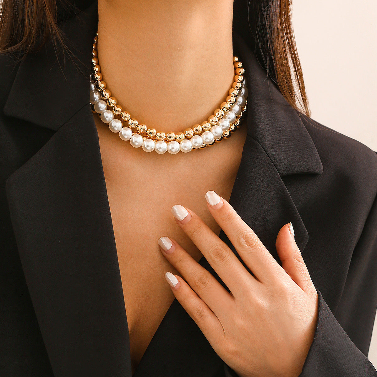 🖤 Choker + Punk Pearl Bead Geometric Statement Necklace