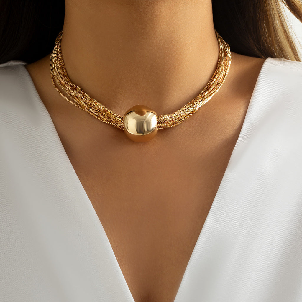 🧩 Choker + Multi-Layer Punk Chain Necklace – Geometric Round Beads
