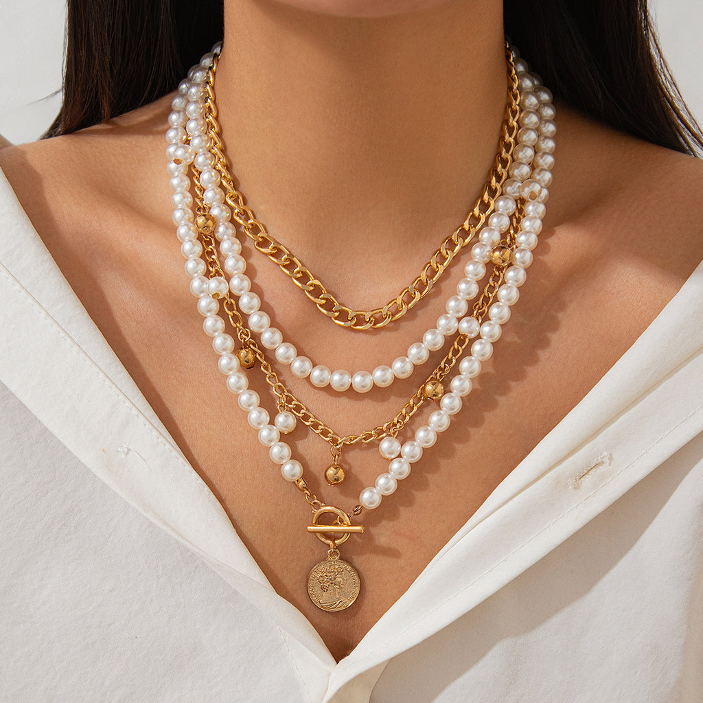 ⚪ Necklace + Elegant Pearl Beaded Necklace – Aluminum Chain Multi-Layer Look
