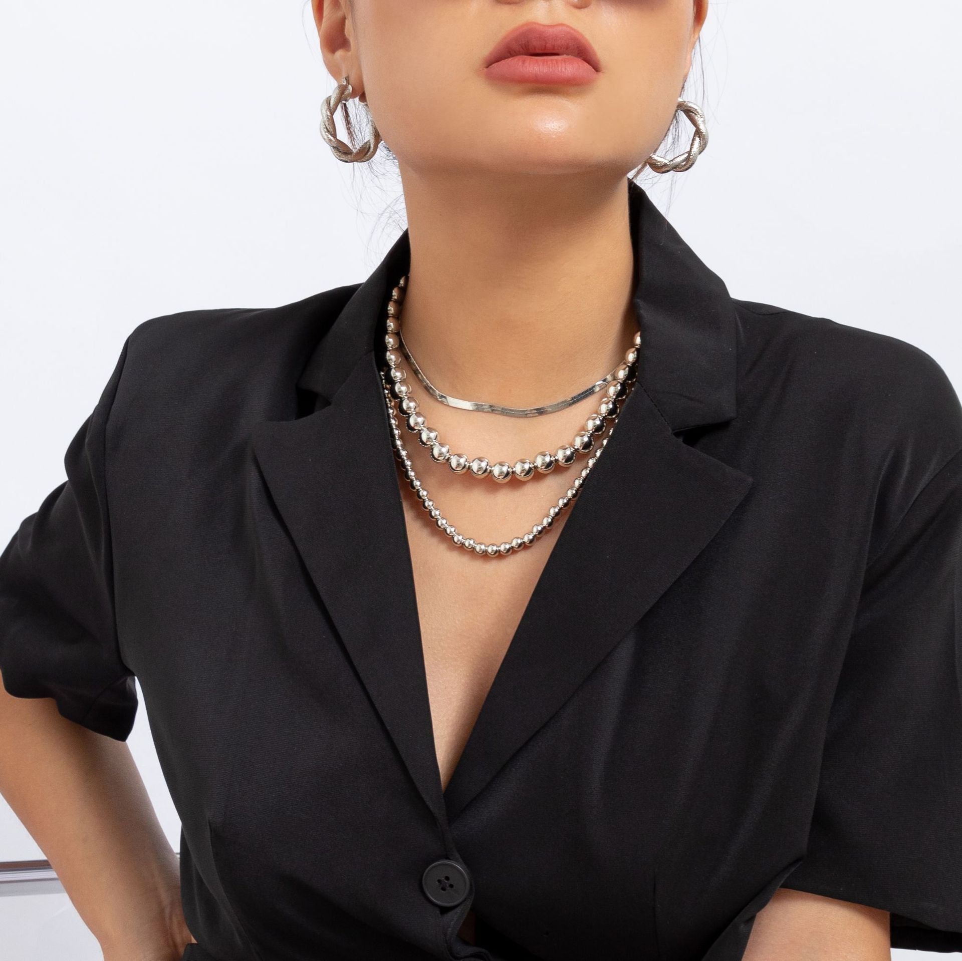 ⚙️ Necklace + Flat Snake Chain Punk Collar – Beaded Layered Style
