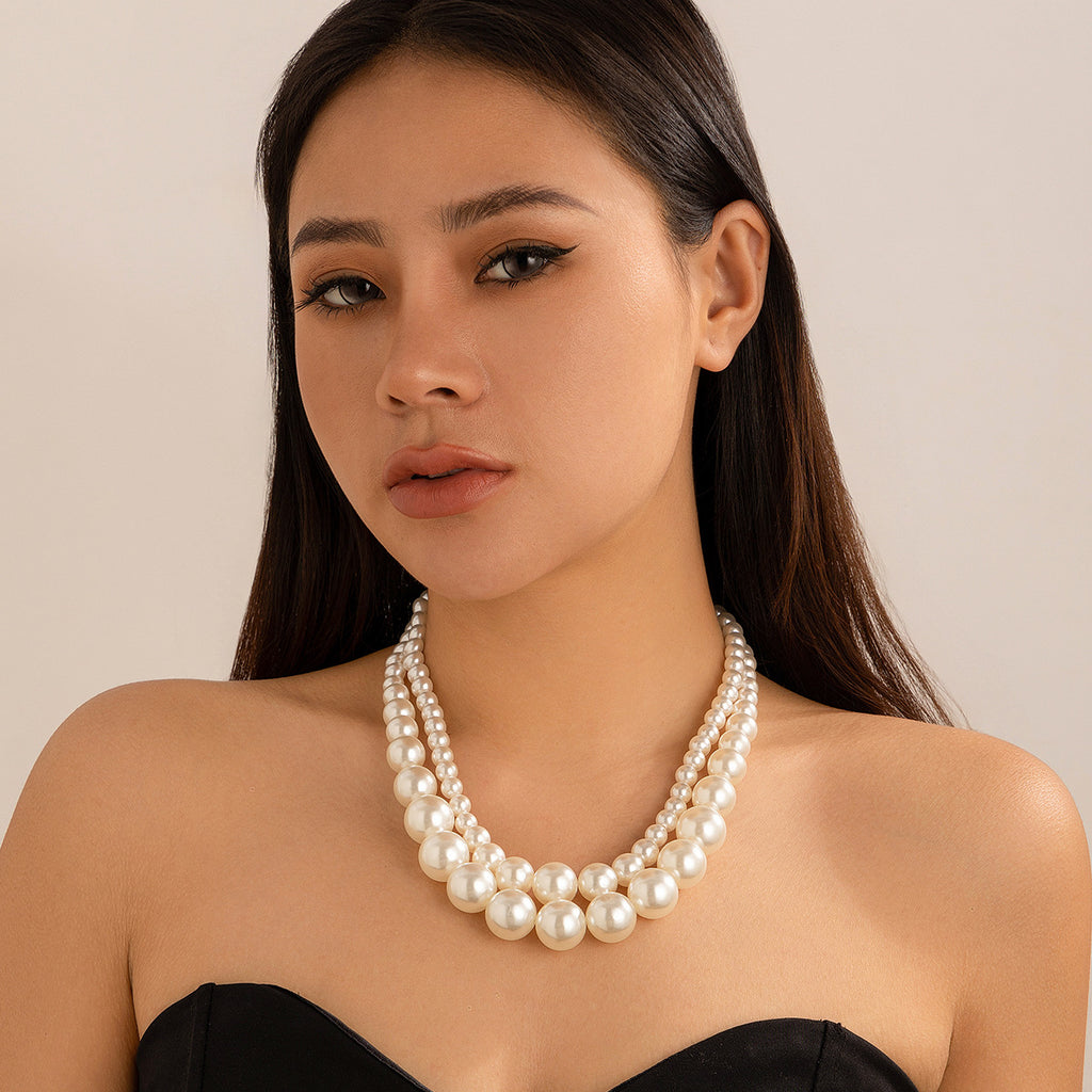 ⚪ Choker + Oversized Pearl Statement Necklace – Multi-Layer Design