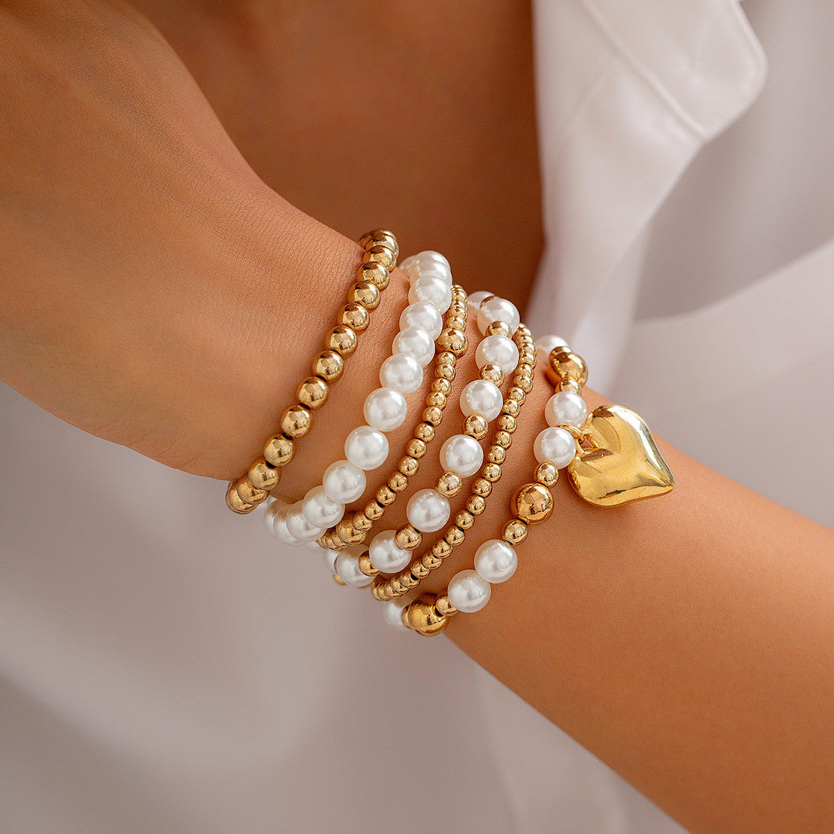 💝 Bracelet Set + Pearl Bead Bracelet With Hollow Heart Charm – Sweet Style