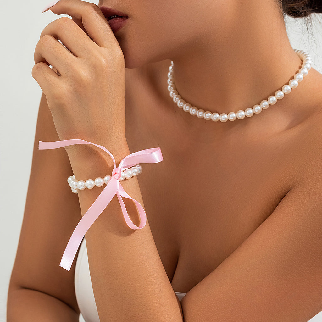 🎀 Necklace + Velvet Ribbon Pearl Necklace – DIY Bow Tie Style