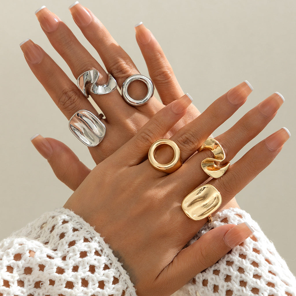 🧊 Ring Set + Irregular Hollow Geometric Ring Pack – Creative Alloy Look