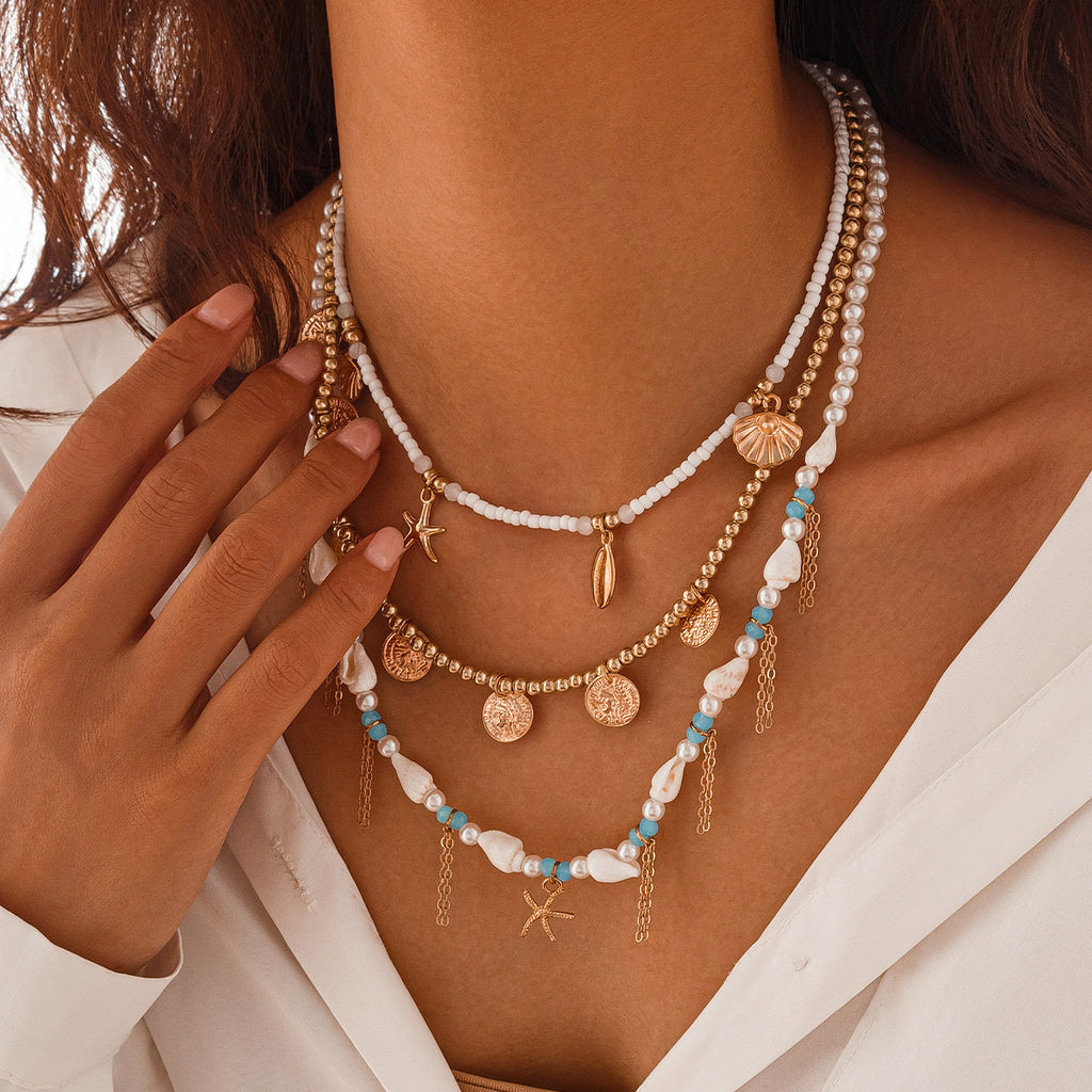 🌟 Necklace Set + Starfish Pearl Irregular Pendant Necklace – Ocean Layers