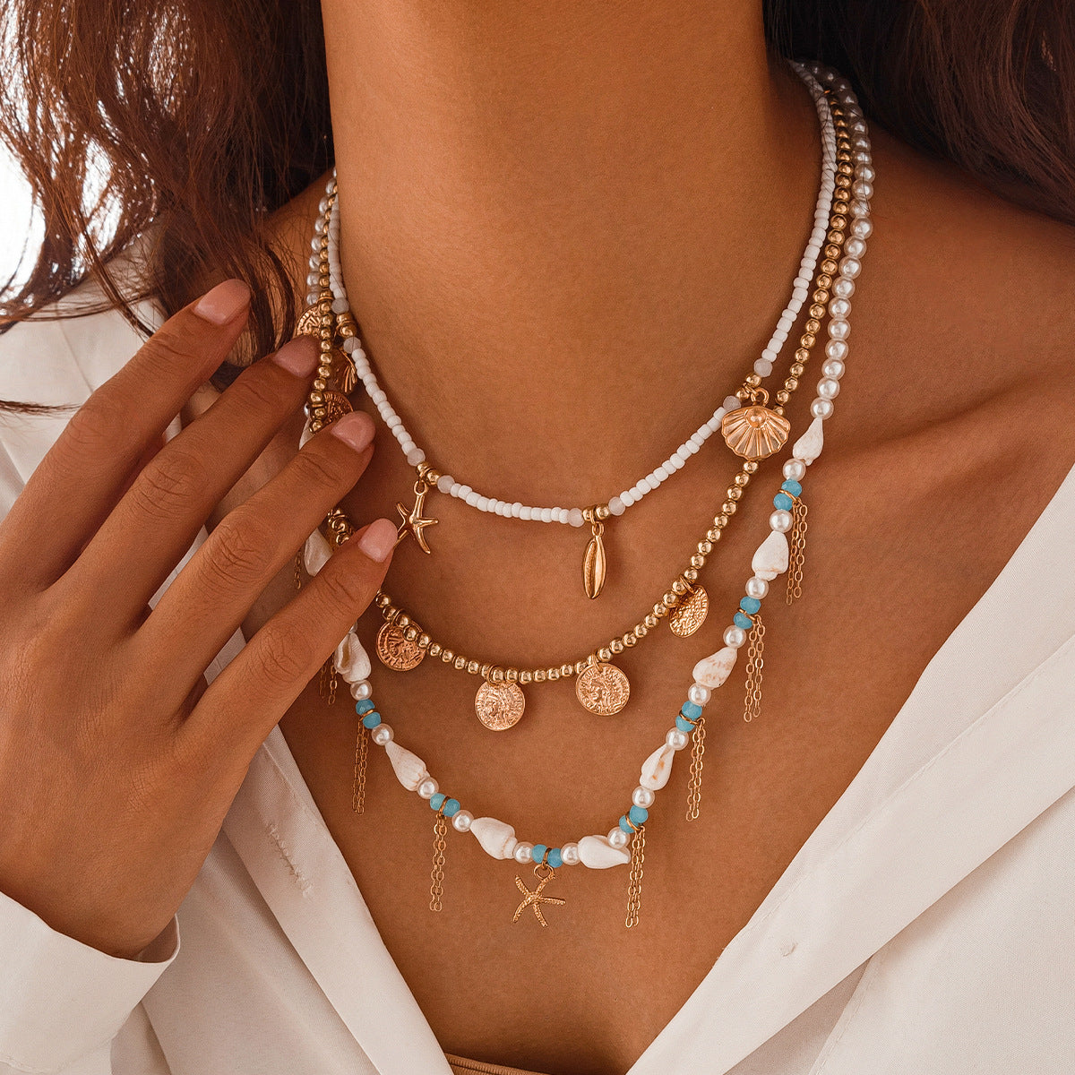 🌟 Necklace Set + Starfish Pearl Irregular Pendant Necklace – Ocean Layers