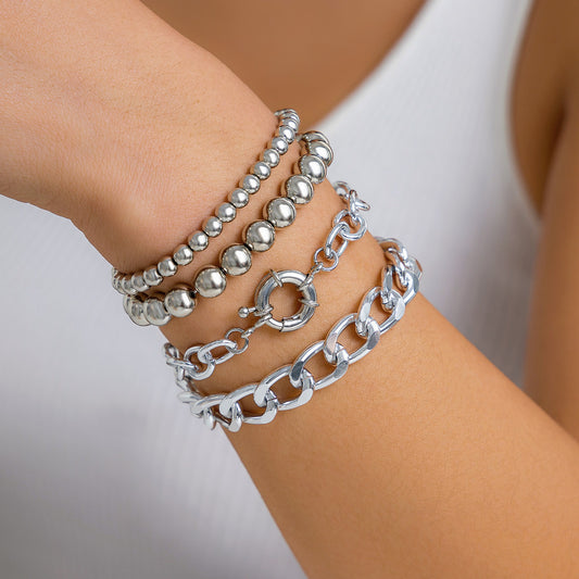 🎱 Bracelet + Bold Punk Multi-Layer Chain Bracelet – Geometric Round Beads