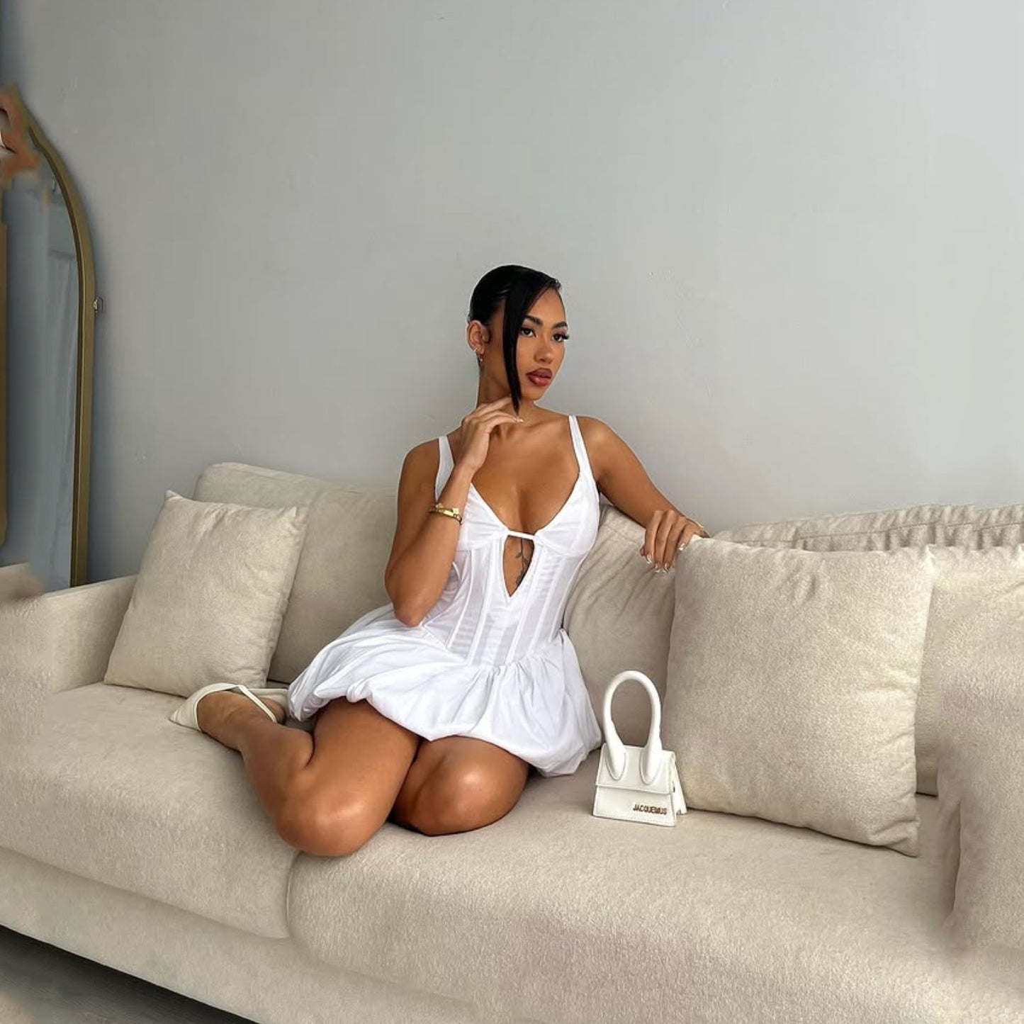 🫧 Spicy | Puff Hem Satin Dress — Pure Sweetheart V-Neck
