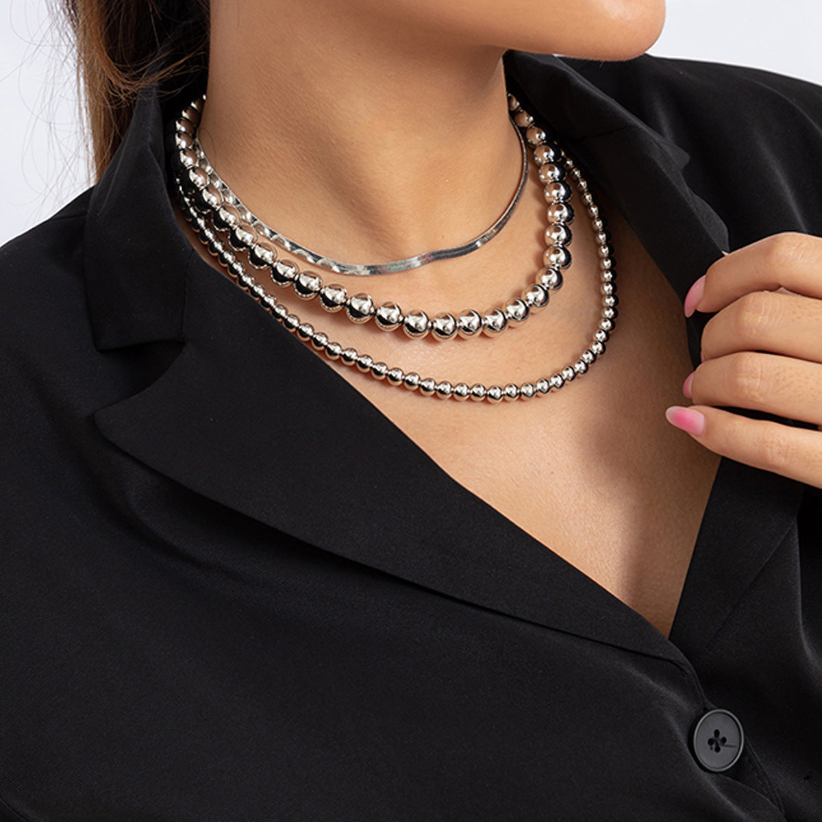 ⚙️ Necklace + Flat Snake Chain Punk Collar – Beaded Layered Style