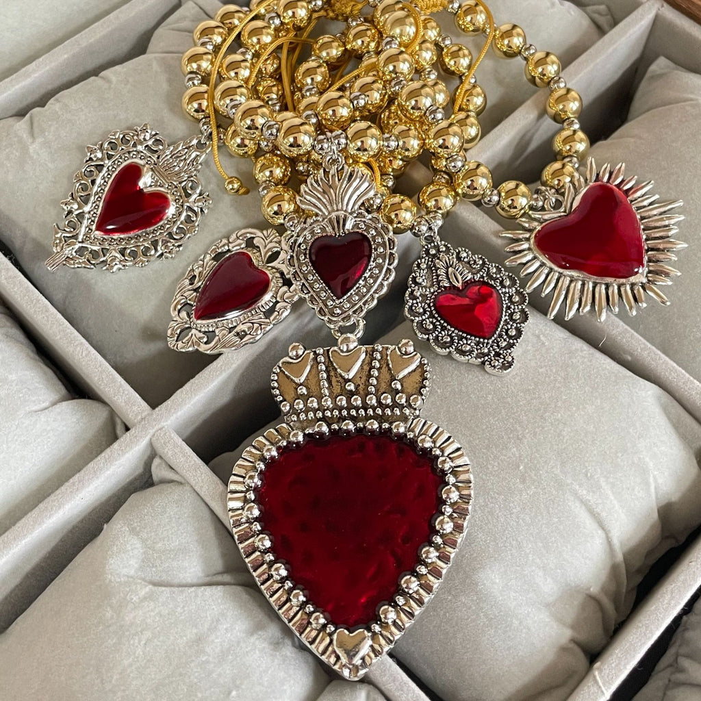 ❤️ Bracelet + Red Beaded Silver Enamel Heart Charm