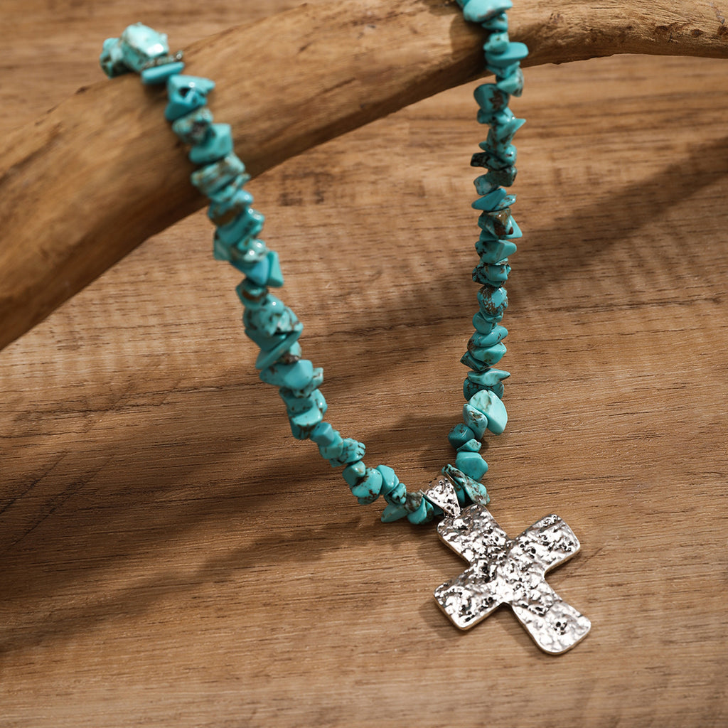 🌿 Necklace + Beaded Turquoise & Stone Cross Pendant Necklace