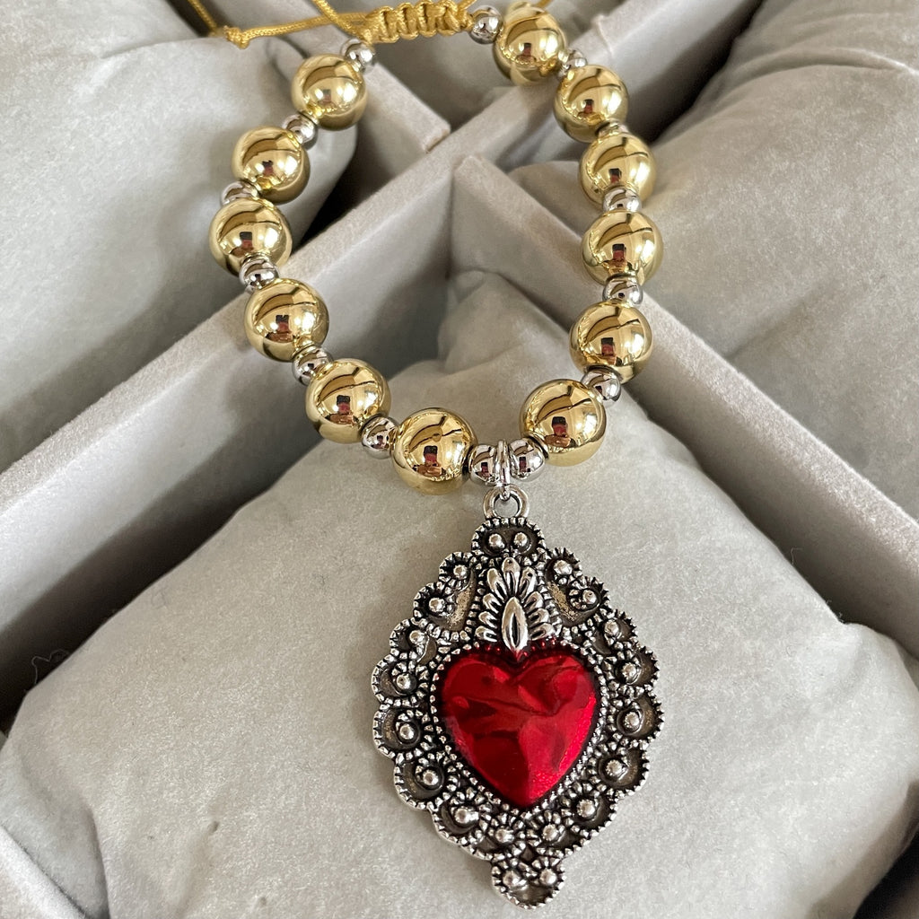 ❤️ Bracelet + Red Beaded Silver Enamel Heart Charm